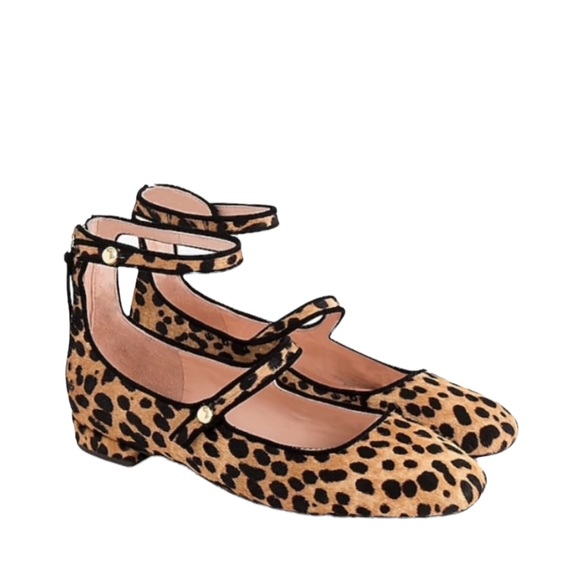 J Crew Poppy 2-Strap Ballet Flats K0081 Animal Print Leopard Calf Hair s 9.5 EUC